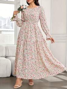 Ditsy Floral Ruffle Hem Long Sleeve Dress, Suitable For Weddings Vacation Fall - Pink, Green and White - View 1