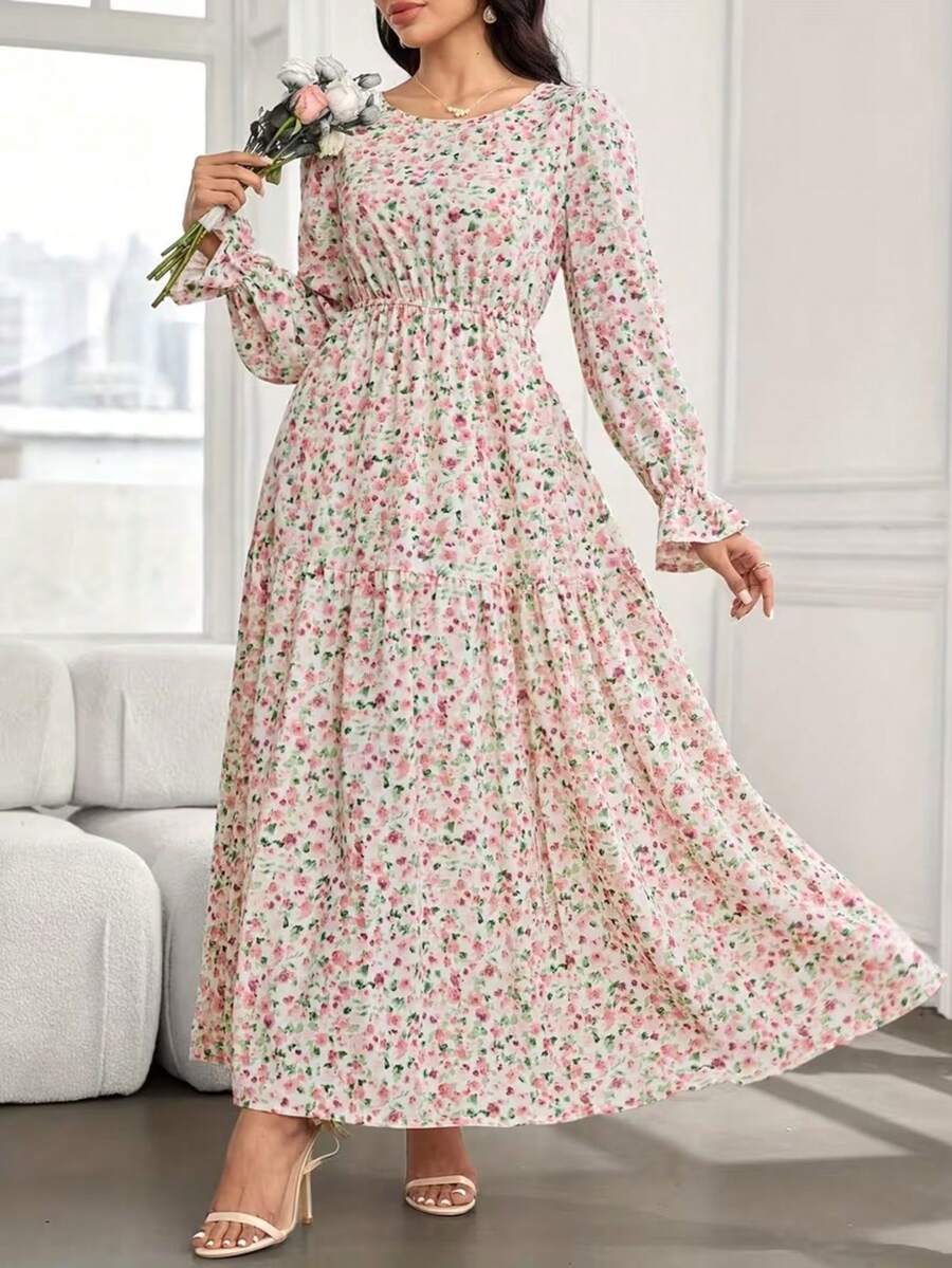Ditsy Floral Ruffle Hem Long Sleeve Dress, Suitable For Weddings Vacation Fall - Pink, Green and White - View 1
