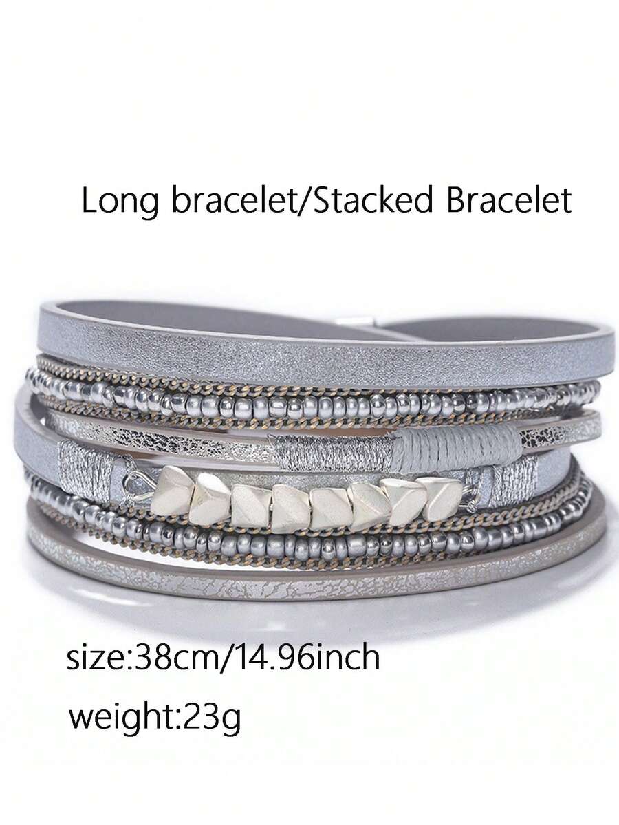 1条女士新款磁扣长手链，创意米珠设计，适合送礼或日常佩戴 - 銀色 - 查看 1