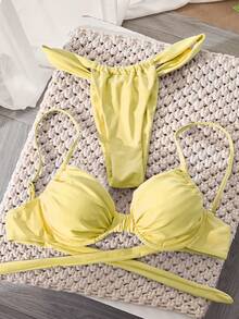 Traje de baño de mujer, bikini básico sexy en estilo rojo sexy y azul claro sólido, bañador retro para la playa para mujer, disfraz de fiesta de Navidad, regalo para ella, vacaciones de San Valentín de verano - Amarillo - Ver 10