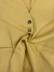 Setelan Blazer dan Celana Pendek Wanita Kasual untuk Liburan Sehari-hari, Bahan Campuran Linen, Warna Polos, Kerah V, Kancing Tunggal, Lengan Pendek Longgar, Musim Panas - Mustard Yellow - View 5