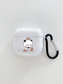 1pc Transparent TPU Teddy Bear Print Earbud Case With Black Hook, Compatible With Apple Bluetooth Earphones (Earbud Case Only, Earphones Not Included)