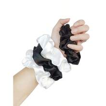 4pcs/Set Ladies' Dark Tone Solid Wide Hair Scrunchies, Fashionable And Elegant Hair Ties Suitable For Daily Wear Casual Scrunchy Hair Ties Ponytail - 黑與白 - 查看 3