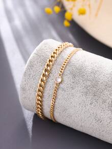 2pcs Minimalist Copper Alloy Bracelet Set, Double-Layer Chain Style Suitable For Men, Daily Wear, Dating, Campus - Yellow Gold - View 5