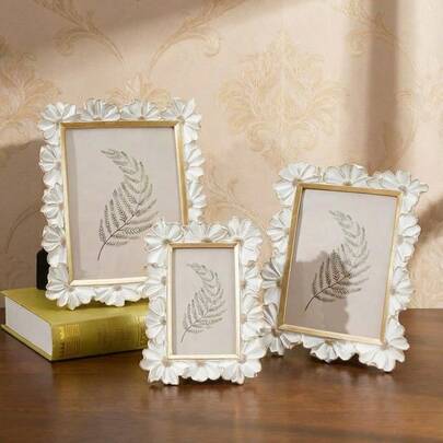 Cirelle 1pc White Resin Frame With Gold Trim, 3D Daisy Flower Pattern Decorative Photo Frame, Square Shape For Home Desktop Display, Horizontal & Vertical Use, Suitable For Home Decor And Photography Props