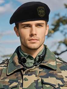 1 peça de chapéu militar masculino para uso externo com acabamento em couro, boina casual com proteção solar, tamanho ajustável, material 100% poliéster, adequado para todas as estações. - Boinas - Ver 4