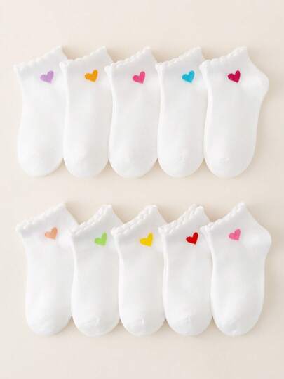 5/10/20 Pairs Kids/Baby Socks, Girls/Boys/Toddler Boys, Solid White, Heart Decor Cuff, Soft Breathable Comfortable Casual Mid-Calf Socks, Suitable For Holidays, Back To School, Travel, Home, Daily Matching, Random Color & Style Assorted