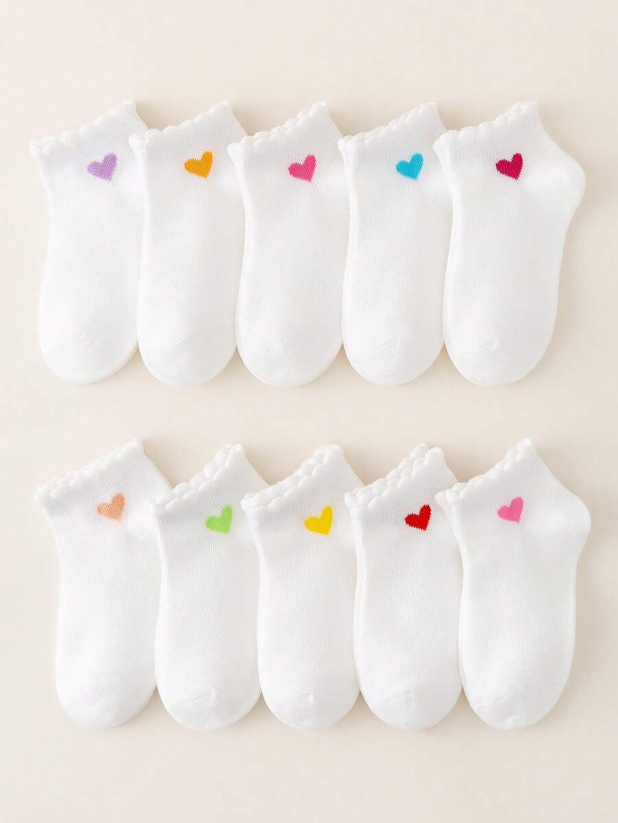 5/10/20 Pairs Kids/Baby Socks, Girls/Boys/Toddler Boys, Solid White, Heart Decor Cuff, Soft Breathable Comfortable Casual Mid-Calf Socks, Suitable For Holidays, Back To School, Travel, Home, Daily Matching, Random Color & Style Assorted - White - View 1