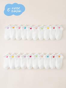 5/10/20 Pairs Kids/Baby Socks, Girls/Boys/Toddler Boys, Solid White, Heart Decor Cuff, Soft Breathable Comfortable Casual Mid-Calf Socks, Suitable For Holidays, Back To School, Travel, Home, Daily Matching, Random Color & Style Assorted - White - View 11