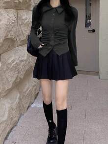 Women's Long Sleeve Ruched Design Casual Cardigan Top - Dark Grey - View 4