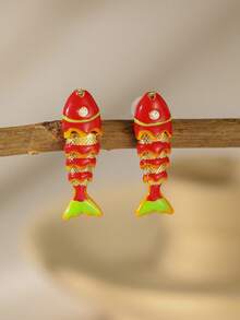 2pcs 3D Movable Fish Earrings, 18K Gold Plated Fish Pendant Earrings, Colorful Interlocking Fish Jewelry, Unique Pisces Fish Shaped Earrings, Gift For Ocean Lovers, Suitable For Daily, Holiday, Date, Party Wear - Multicolor - View 12