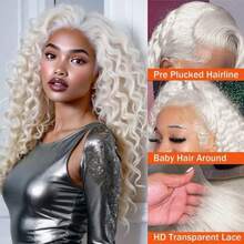 Platinum Blonde Deep Wave Human Hair Wig Ash Blonde Loose Curly Lace Front Wigs Human Hair For Women 13X4 Glueless HD Transparent Lace Front Wigs Human Hair Pre Plucked With Baby Hair Daily Natural Wig Halloween Christmas New Year's Day Party Wig - 白金金髮女郎 - 查看 4