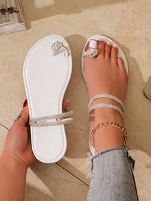 Summer Fashion New Flat Sandals, Rhinestone Design Slip-On Minimalist Beach Sandals - White - View 2