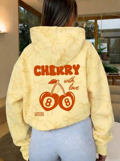 Women's Butterfly & Cherry Print Thermal Lined Sweatshirt, Warm Casual