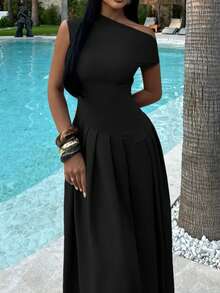 Vaiaye 女士纯色不对称露肩露背长款连衣裙，夏季新款优雅修身长裙，适合派对、日常穿着、约会等场合，黑色 - 黑色 - 查看 4