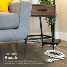 GE 56986 - Cable de extensión plano de 3 tomas, cable de extensión a tierra de 15 pies con múltiples tomas, extensor de toma de corriente de 3 clavijas, enchufe plano, calibre 16 para interiores - Blanco - Ver 5