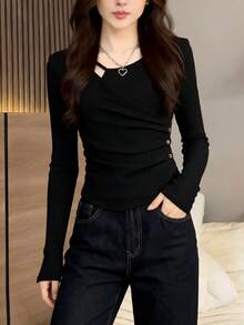 Blusa de mujer Camiseta interior de manga larga de color liso con diseño de botones falsos de punto Camiseta asimétrica de manga larga con pliegues Prenda de entretiempo para mujer, ideal para primavera y otoño - Negro - Ver 4