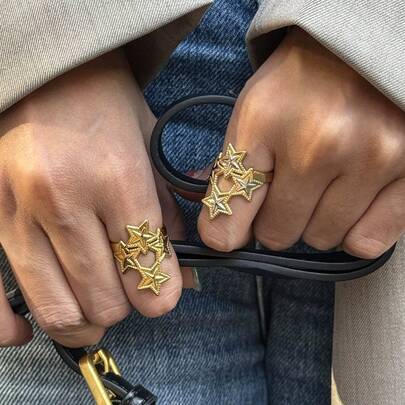 S SHOPBOHO 1枚优质不锈钢可叠戴开口星形戒指，可爱个性戒指，女孩时尚配饰，防水日常戒指首饰