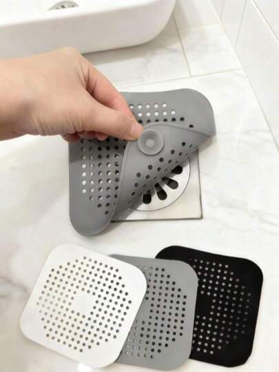 1pc Durable Silicone Square Shower Drain Hair Catcher With Suction Cup, Drain Cover Filter For Bathroom, Bathtub And Kitchen, Bathroom Accessory, Summer Bathroom Decor