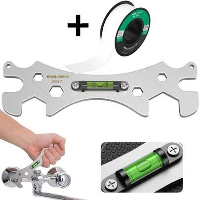 Llave de baño multifuncional de acero inoxidable con cinta selladora roscada, regla de nivel hexagonal para la instalación de grifos de ducha y medición de distancias