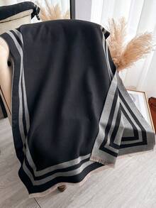 1pc New Autumn/Winter Minimalist Striped Soft Thick Double-Sided Scarf, Elegant Versatile Contrast Color Long Shawl Wrap - Black - View 3
