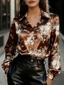 Áo kiểu nữ thanh lịch màu nâu satin in họa tiết, tay dài, chất liệu polyester, cổ áo cổ điển và chi tiết cúc cài. - màu nâu - Xem 5