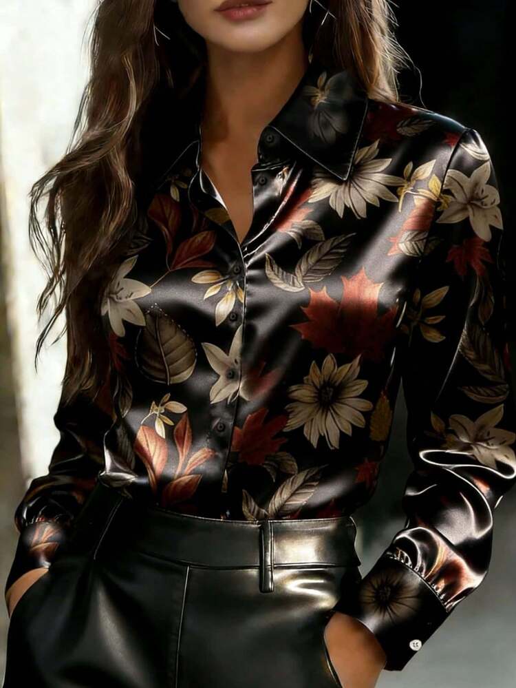 Blusa de manga larga con cuello de camisa, estampado floral elegante de satén, ajuste regular, detalles de botones, tela de poliéster sin estiramiento, longitud regular - Negro - Añade 1