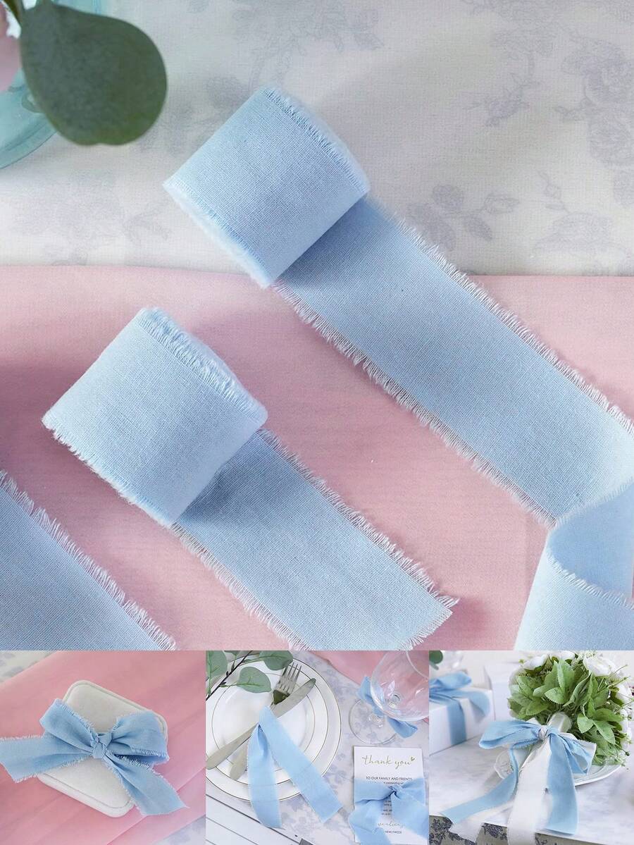 1roll/2rolls - 6 Yards Handmade Tassel Chiffon Ribbon, 3.81 Cm X 7 Yards Ribbon Set For Wedding Invitations, Bridal Bouquets, Gift Wrapping, DIY Crafts, Valentine's Day Garden - Blue - View 1