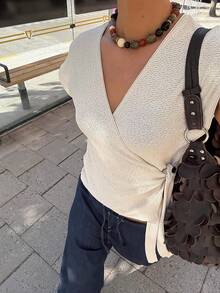 女士V领交叉系带针织上衣，收腰设计，百搭简约，适合日常穿着，夏季 - 白色 - 查看 6