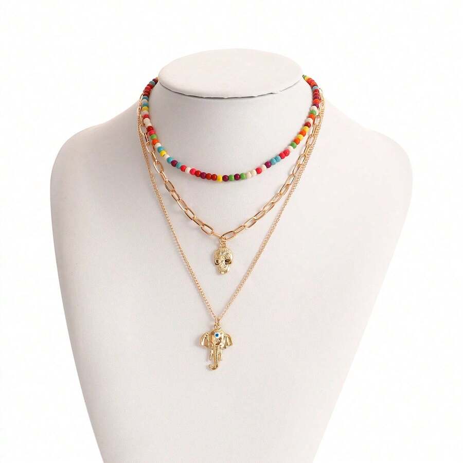 Multi-Element Colorful Turquoise Elephant Nose Pendant Necklace For Women, Ins-Style Skull Necklace Accessory - Gold - View 1