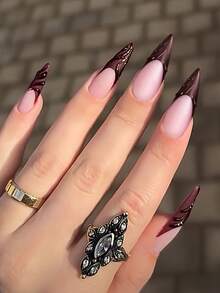 Bộ 24 miếng dán móng tay acrylic màu đỏ kiểu Pháp, hình hạnh nhân, kiểu nghệ thuật đường nét bất đối xứng 3D, đầu móng nhọn, phong cách tối giản Y2K, bề mặt mịn, móng giả che phủ toàn bộ, thích hợp cho phụ nữ và bé gái sử dụng hàng ngày. - Màu Đỏ Sâu - Xem 1