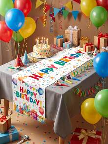 1 buah Taplak Meja Ulang Tahun Berwarna-warni - Taplak Meja Poliester dengan Teks "Selamat Ulang Tahun", Balon, Kue, Kotak Hadiah, dan Bendera Warna-warni, Bentuk Persegi Panjang, Pola Cerah dan Menarik, Mudah Dibersihkan, Menciptakan Suasana Pesta Ulang Tahun - kue ulang tahun - View 5