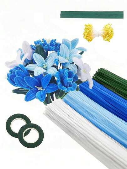 422件蓝色系花茎清洁器套装，4色混合花茎清洁器，适用于手工花束、派对装饰和礼品包装，柔软的花茎适用于DIY花艺套件，包含花艺胶带和花蕊（蓝色系列）