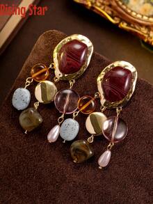 1 Pair Of Bohemian Style Amber Tassel Pendant Earrings For Women, Retro Geometric Resin Imitation Gemstone Earrings, Niche Design, Light Luxury, High-End, Long Earrings - Amber Tassels - View 6