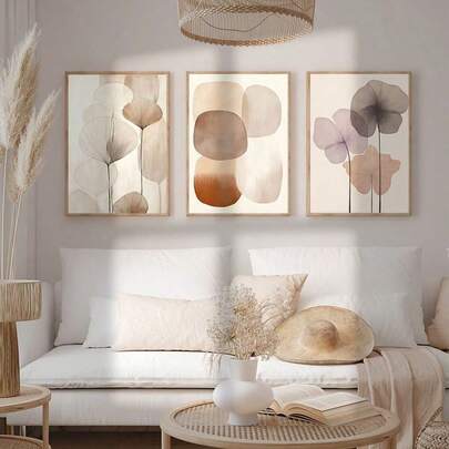 3 Pieces Flower Art Poster Geometric Art Print Neutral Wall Paintings Abstract Hanging Picture Minimalist Wall Art Wall Picture Living Room Decoration Stuff Girls Room Wall Decor No Frame