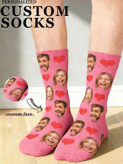 1 Pair Customized Face & Heart Pattern Comfortable Knit Couple Socks, Suitable For Anniversary/Gift