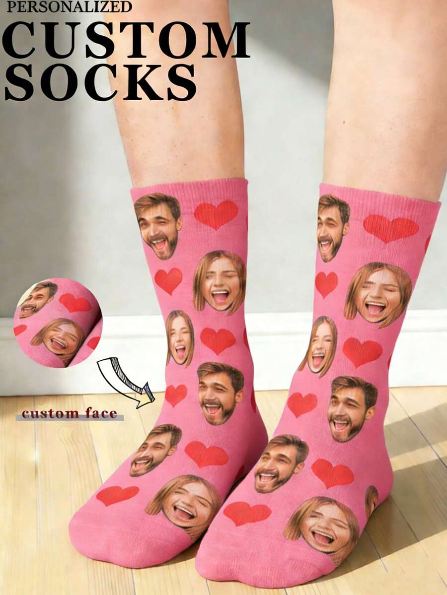 1 Pair Customized Face & Heart Pattern Comfortable Knit Couple Socks, Suitable For Anniversary/Gift,Couple-Matching - Pink - View 1