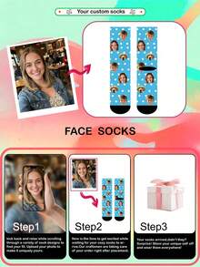 1 Pair Customized Face & Heart Pattern Comfortable Knit Couple Socks, Suitable For Anniversary/Gift - Grey - View 6