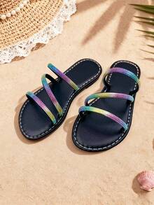 1双女童彩虹闪亮钻石多带凉鞋，露趾平底，舒适闪亮，活泼甜美，夏季沙滩鞋 - 黑色 - 查看 5