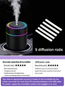 1pc 180ml Capacity Mini Car Humidifier With Romantic Color Night Light. Large Mist Output, Quiet Operation, Auto Timing, 2 Working Modes. Compatible With Essential Oils (6 Scents Available). Set Includes 1 Humidifier And 1 Bottle Of Essential Oil. Suitable For Car, Office, Bedroom, Living Room, Study, And Plant Room.
