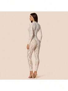 Jumpsuits For Woman Winter Clothes For Women One Piece Jumpsuit Thanksgiving Outfit Women Sexy Lace See-Through Tight Long-Sleeved Zipper Jumpsuit - 白色 - 查看 6