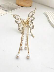 1 件镂空蝴蝶珍珠流苏发夹，时尚百搭发饰，适合日常佩戴，爪夹秋冬发饰，适合女士度假装