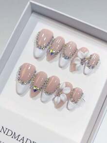 Bộ 10 móng giả cao cấp, kiểu dáng nhẹ nhàng và thanh lịch, được vẽ tay với họa tiết chạm khắc 3D, đính đá lấp lánh, thích hợp cho các buổi tiệc quan trọng, dạ hội sinh nhật, Tết Nguyên đán và Lễ Tình nhân. - Hồng - Xem 4