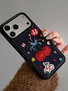 Autumn/Winter Cute Classic Blue Denim Embroidered Cherry Compatible With IPhone 17 ProMax Phone Case, 16 Pro New 17 Women 14 Pro Creative 15 Pro Full Protective Phone Cover - Blue - View 7