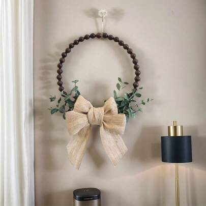 Charming Farmhouse Style Wreath Decor With Wooden Beads, Bow Ties And Eucalyptus Leaves, Suitable For Home And Living Room Wall Decoration