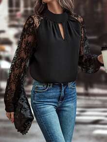 Woman Lace Sleeve High Neck Blouse – Elegant Transparent Floral Mesh Top - Black - View 3