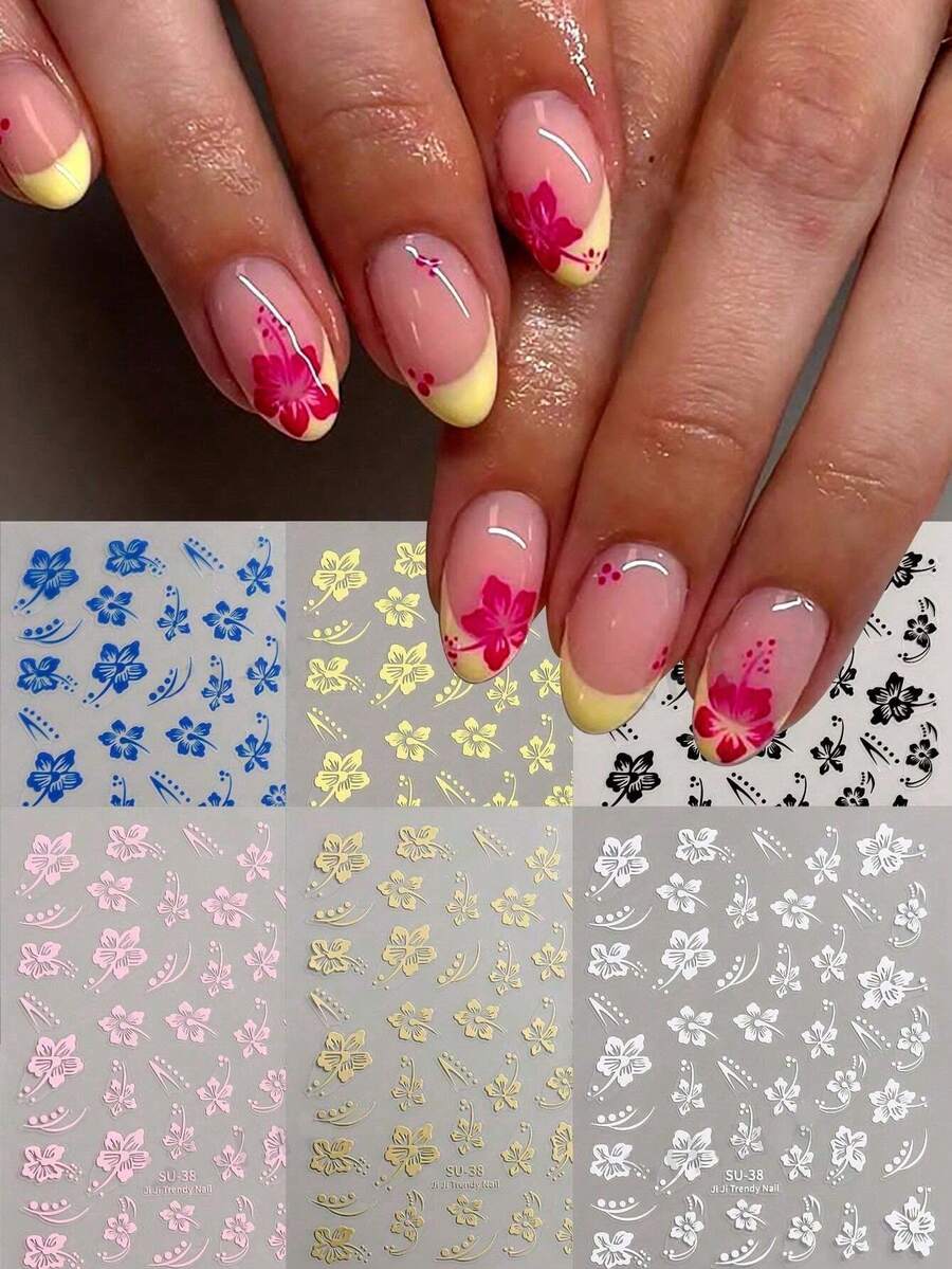 3D Hibiscus Nail Stickers, Sakura Floral White/Black/Gold/Blue Petal Nail Art Decals, Y2K Star Shaped Adhesive Nail Art Stickers, DIY Nail Decorations For Women Nails Nail Supplies - Multicolor - View 1