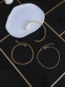 3pcs/Set Men Stainless Steel 18K Gold Plated C-Shaped Adjustable Bracelet With Chain, Suitable For Daily Wear, Father Day, Valentine Day, Anniversary, Boyfriend Birthday Gift - 金子 - 查看 9