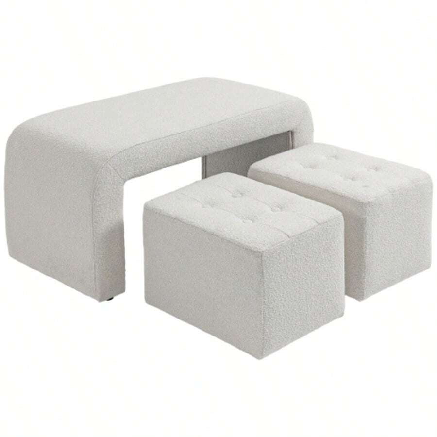 Set Of 3 Footstools, Pouf With 3 Stools, Padded Stools For Living Room And Bedroom, Elegant White - Light Grey - View 1