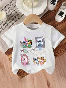 Disney Girls' T-Shirt, Featuring Creative Stitch And Lilo Cartoon Prints. Summer Cotton Crew-Neck Short-Sleeve Tee For Girls, Perfect For Everyday Wear, Vacations, Outdoor Activities, And As A Gift For Children. - trắng - Xem 3